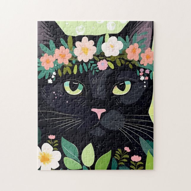 Schwarze Katze mit Blumenkronen (Vertikal)