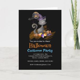 Schwarze Katze mit Bonbons, Halloween Einladung