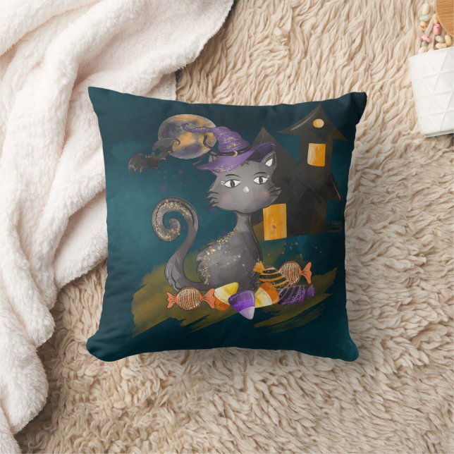 Schwarze Katze mit Bonbons, Halloween Kissen (Decke)