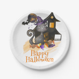 Schwarze Katze mit Bonbons, Halloween Pappteller