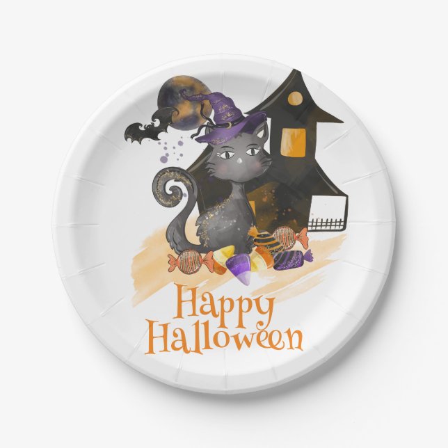Schwarze Katze mit Bonbons, Halloween Pappteller (Vorderseite)