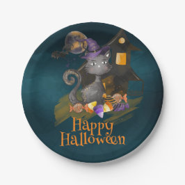 Schwarze Katze mit Bonbons, Halloween Pappteller
