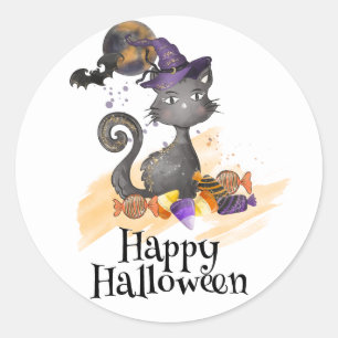 Schwarze Katze mit Bonbons, Halloween Runder Aufkleber