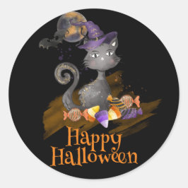 Schwarze Katze mit Bonbons, Halloween Runder Aufkleber