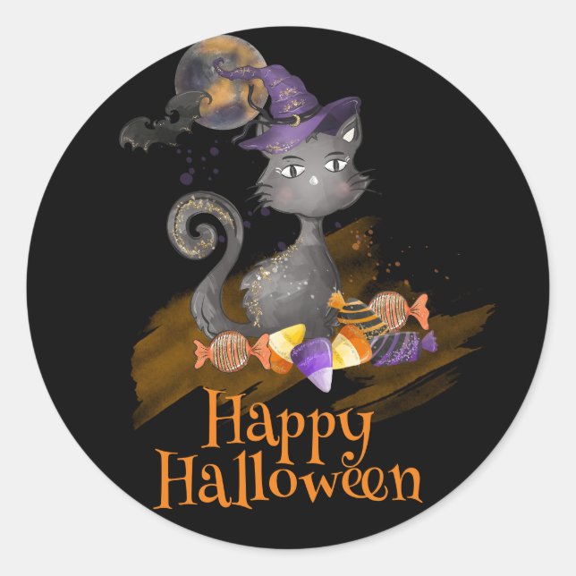 Schwarze Katze mit Bonbons, Halloween Runder Aufkleber (Vorderseite)