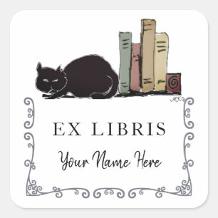 Schwarze Katze mit Büchern Niedlich HandGezeichnet Quadratischer Aufkleber