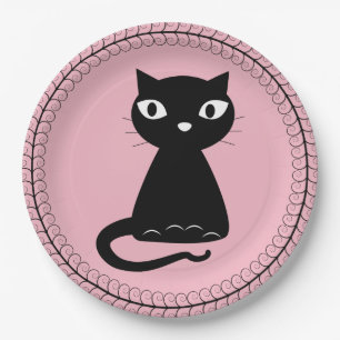 Schwarze Katze mit dem gekräuselten Schwanz Pappteller
