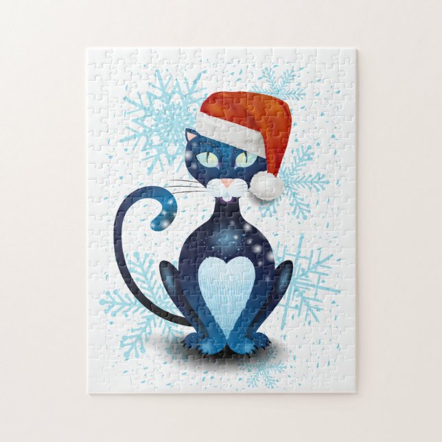 Schwarze Katze mit dem Hut des Weihnachtsmanns (Vertikal)