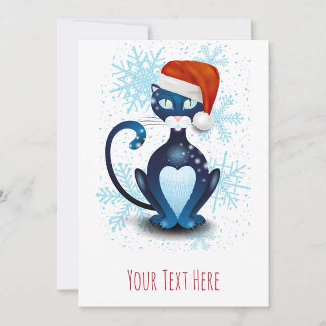 Schwarze Katze mit dem Hut des Weihnachtsmanns Einladung (Vorderseite)