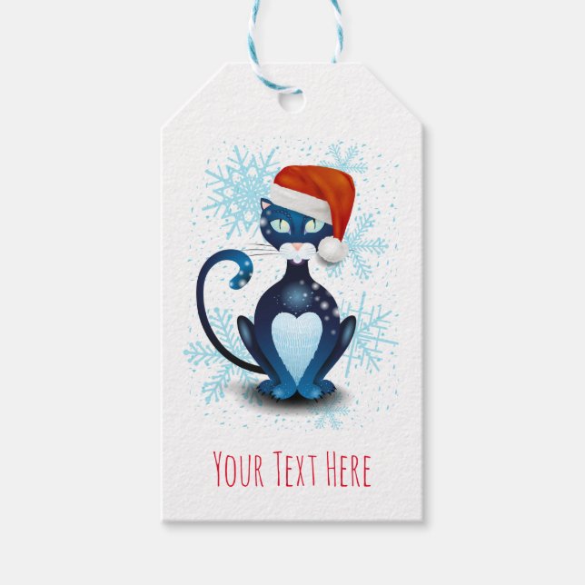 Schwarze Katze mit dem Hut des Weihnachtsmanns Geschenkanhänger (Vorderseite)