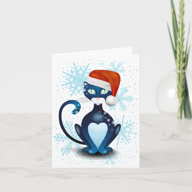 Schwarze Katze mit dem Hut des Weihnachtsmanns Karte (Vorderseite)