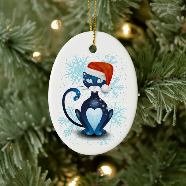 Schwarze Katze mit dem Hut des Weihnachtsmanns Keramik Ornament (Baum)