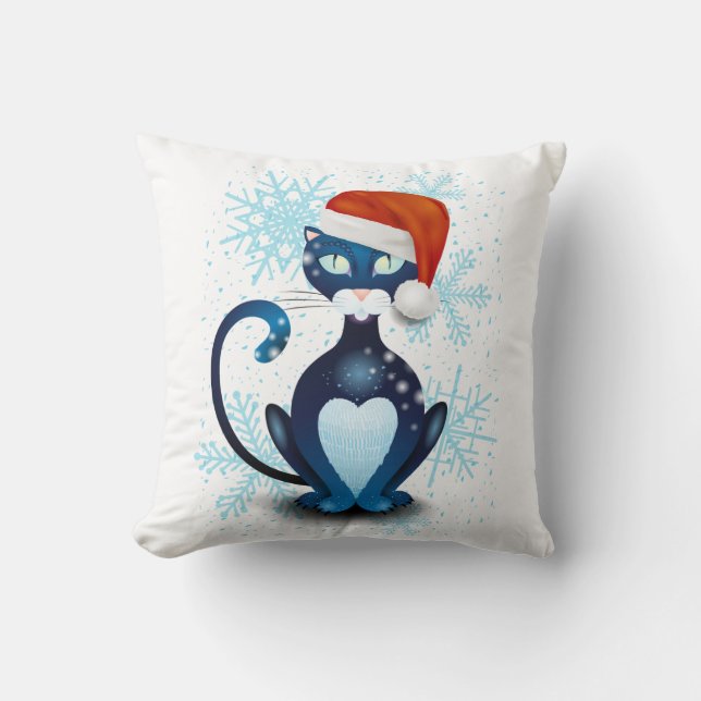 Schwarze Katze mit dem Hut des Weihnachtsmanns Kissen (Vorderseite)