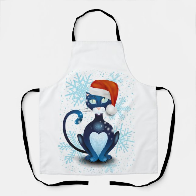 Schwarze Katze mit dem Hut des Weihnachtsmanns Schürze (Vorderseite)