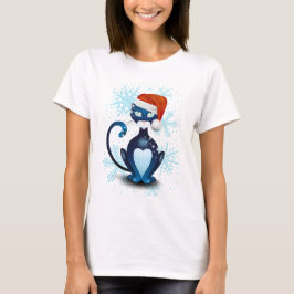 Schwarze Katze mit dem Hut des Weihnachtsmanns T-Shirt