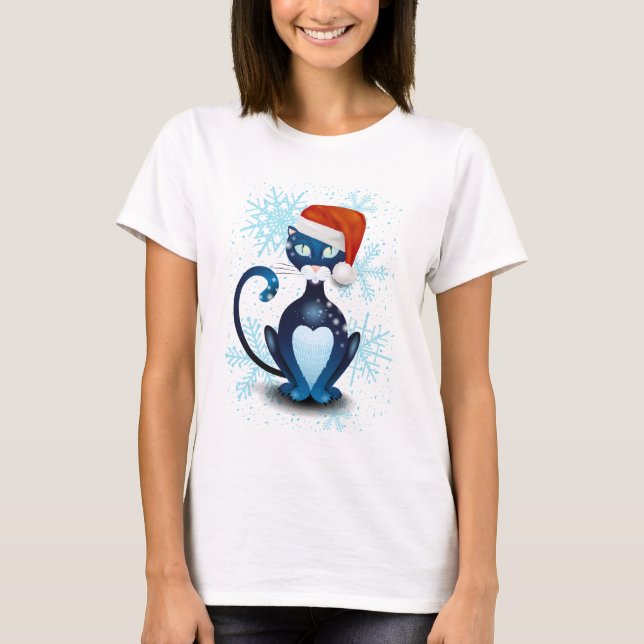 Schwarze Katze mit dem Hut des Weihnachtsmanns T-Shirt (Vorderseite)