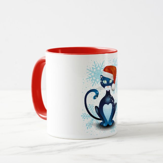 Schwarze Katze mit dem Hut des Weihnachtsmanns Tasse (Vorderseite Links)