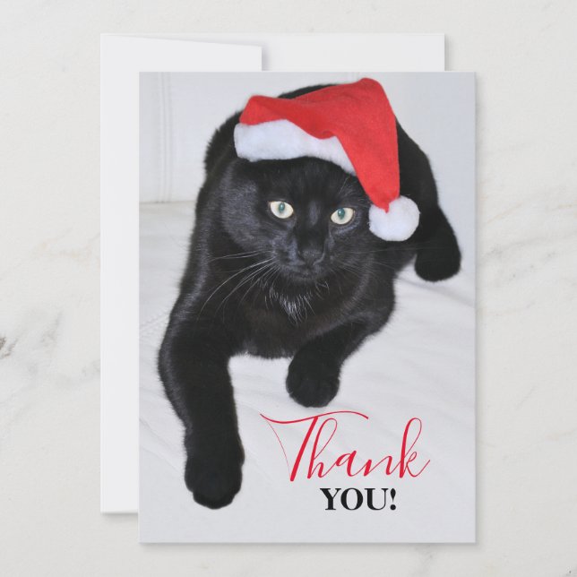 Schwarze Katze mit der roten Weihnachtsmannmütze Dankeskarte (Vorderseite)