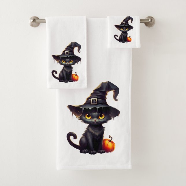 Schwarze Katze mit einem Hexenhut Badhandtuch Set (Insitu)