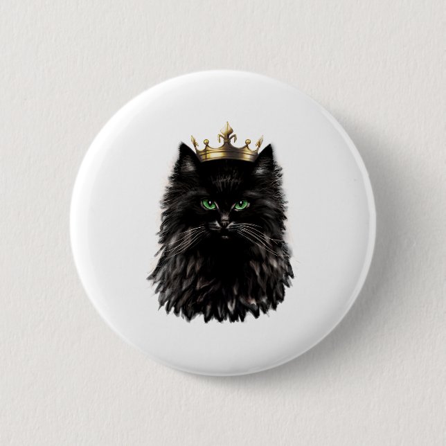 Schwarze Katze mit einer Kronen-DIgital-Kunst Button (Vorderseite)