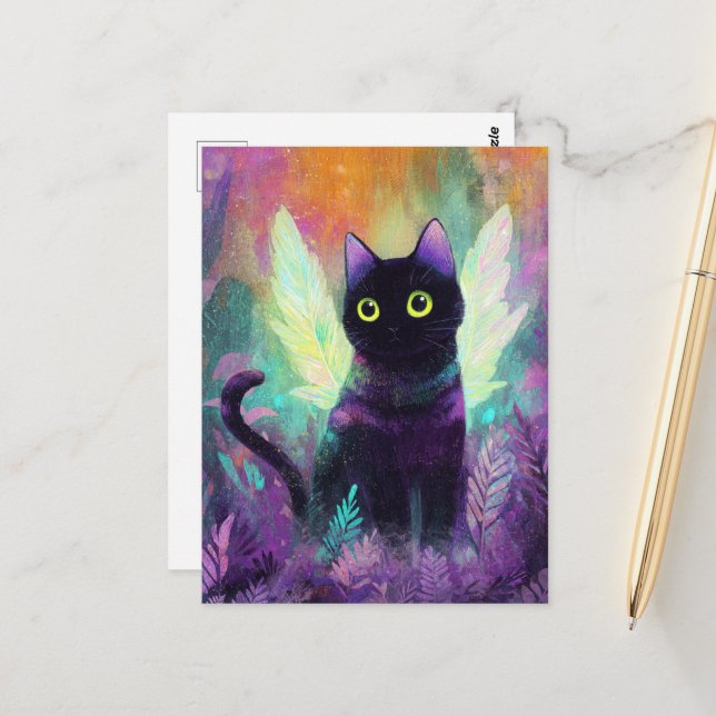 Schwarze Katze mit Engelsflügeln Postkarte (Vorderseite/Rückseite Beispiel)