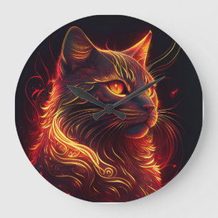 Schwarze Katze mit feuerrotem und goldenem Aurabli Große Wanduhr