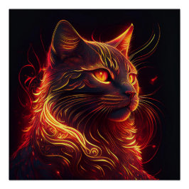 Schwarze Katze mit feuerrotem und goldenem Aurabli Poster
