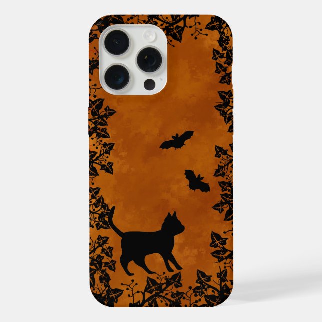 Schwarze Katze mit Fledermaus iPhone 15 Pro Max Hülle (Rückseite)