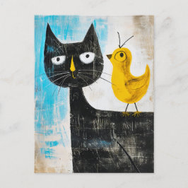 Schwarze Katze mit gelbem Vogel auf der Rückseite Postkarte