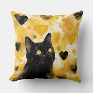 Schwarze Katze mit Gold und schwarzen Herzen Kissen