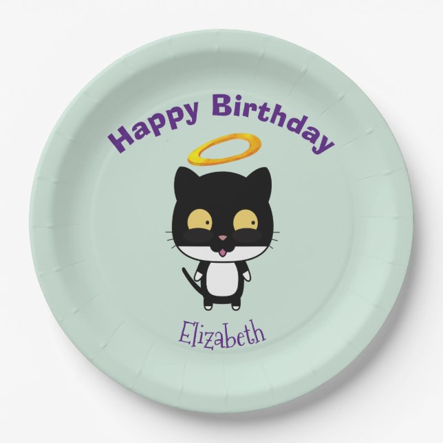Schwarze Katze mit Golden Halo Niedlicher Engel Ge Pappteller (Vorderseite)