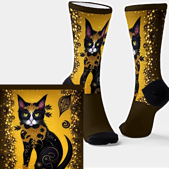 Schwarze Katze mit goldenem Collage auf Golden Bro Socken (Von Creator hochgeladen)