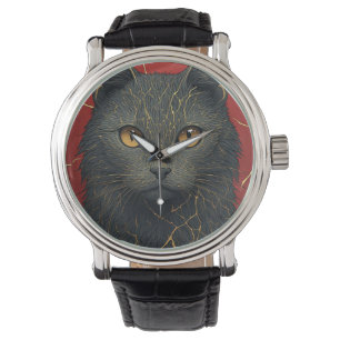 Schwarze Katze mit goldenem Kintsugi-Rissakzent ✨ Armbanduhr