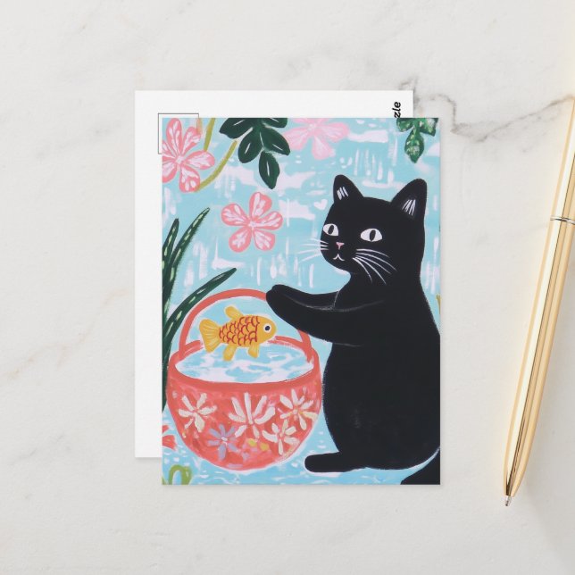 Schwarze Katze mit Goldfish im Korb Postkarte (Vorderseite/Rückseite Beispiel)