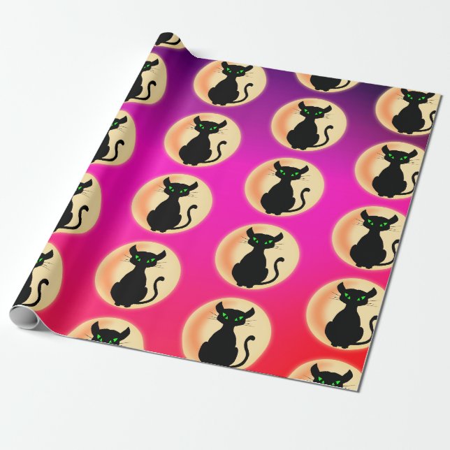 Schwarze Katze mit grünem Augenmuster Geschenkpapier (Ungerollt)