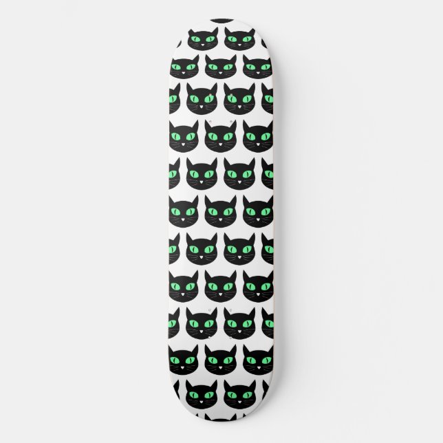 Schwarze Katze mit grünem Augenmuster Skateboard (Vorderseite)