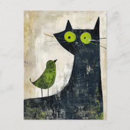 Schwarze Katze mit grünem Vogel auf der Rückseite Postkarte