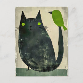 Schwarze Katze mit grünem Vogel auf Schwanz Postkarte