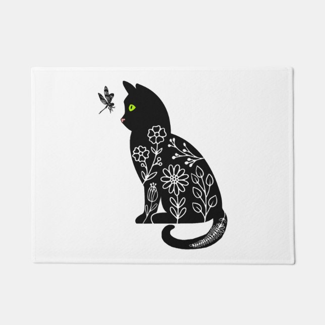 Schwarze Katze mit grünen Augen Fußmatte (Vorderseite)
