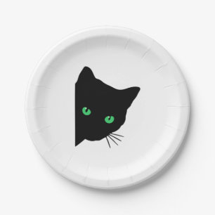 Schwarze Katze mit grünen Augen Pappteller