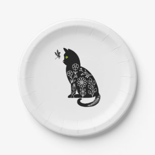 Schwarze Katze mit grünen Augen Pappteller
