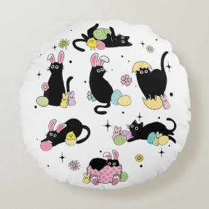 Schwarze Katze mit Haseneiern Rundes Kissen