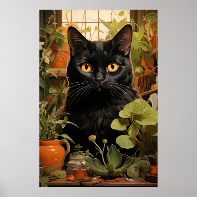 Schwarze Katze mit Häusern Poster (Vorne)