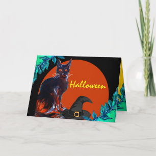 SCHWARZE KATZE MIT HEXENHUT HALLOWEEN-PARTY KARTE