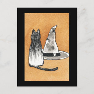 Schwarze Katze mit Hexenhut-Postkarte Postkarte