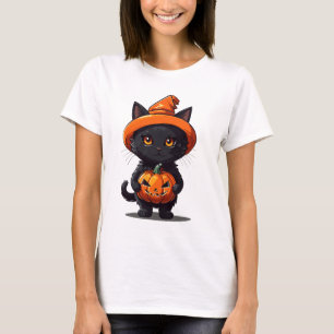 Schwarze Katze mit Hexenhut und KürbisHalloween T-Shirt