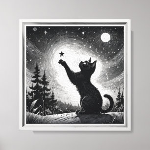 Schwarze Katze mit Himmel mit Mond Leinwanddruck