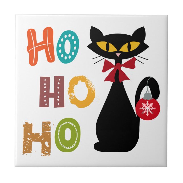 Schwarze Katze mit Ho Ho Ho Textdesign Fliese (Vorderseite)