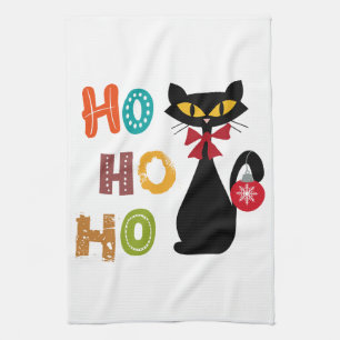 Schwarze Katze mit Ho Ho Ho Textdesign Geschirrtuch