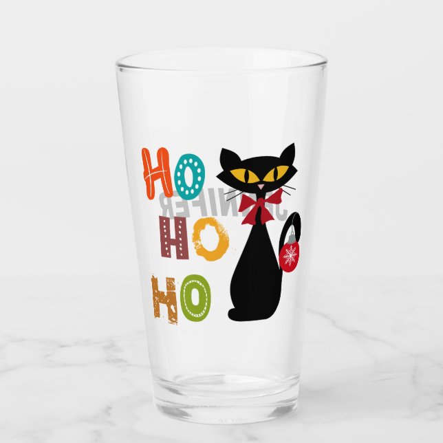 Schwarze Katze mit Ho Ho Ho Textdesign Glas (Vorderseite)